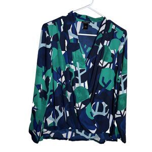 Ann Taylor Blouse Women's Medium V-Neck Wrap Long Sleeve Printed Shirt Top